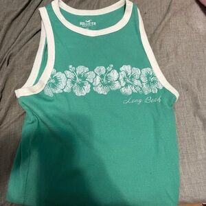 Hollister Green and White Floral Tank Top
